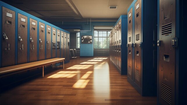 Sports background of a locker room with blue metal cage style lockers, some open, with a wooden bench. create using a generative ai tool 