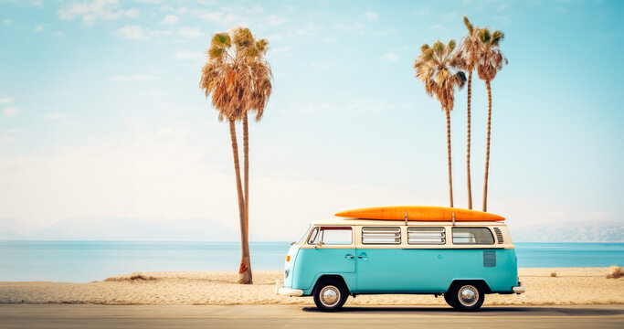 A vintage camper van with surfboard on a sunny beach, framed by palm trees, nostalgic vibes. Generated AI.