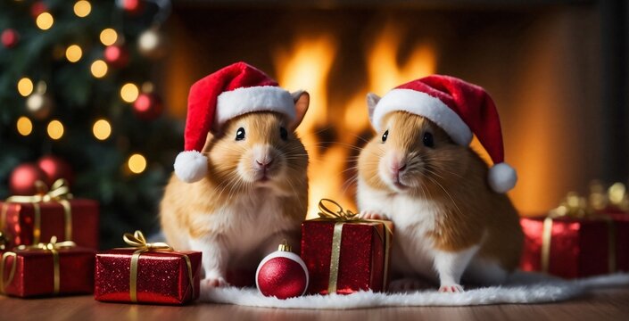 Two funny and cute hamsters dressed up in Christmas red hats pose on a Christmas background with gifts and a Christmas tree in the background. Digital painting illustration. Generative AI