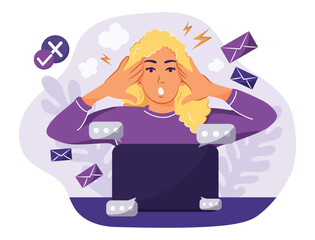 Information overload. Woman sitting at desk and gets too much information. Mental health concept. Tangled minds. Flat Vector Illustration
