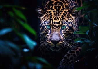 A close-up of a leopard's face with green eyes. Generative AI.