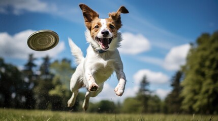 A dog jumping in the air to catch a frisbee. Generative AI.