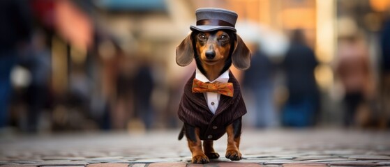 An elegant dachshund dog wearing a top hat and bow tie. Generative AI. - obrazy, fototapety, plakaty