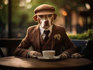 A dog wearing a suit and tie sitting at a table with a cup of coffee. Generative AI.