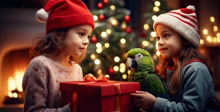 Two young girls pose for a photo with a green parrot, Ara, wearing red Santa hats. Christmas tree in the background. Digital painting illustration. Generative AI