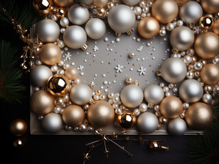 Christmas and New Year decoration with gold and silver baubles on black background