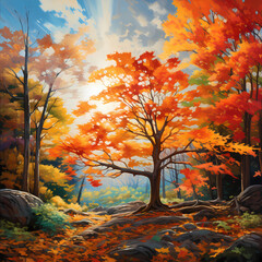 Naklejka na ściany i meble autumn landscape with trees and sun