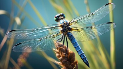  a close up of a dragonfly sitting on a blade of grass with a blue sky in the back ground.  generative ai