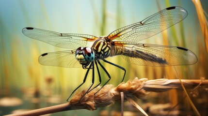  a close up of a dragon fly on a twig with grass in the back ground and a blue sky in the background.  generative ai