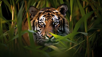 A Sumatran tiger hidden amidst the tall grasses of Sumatra's lowlands, its striped fur blending seamlessly with the surroundings.