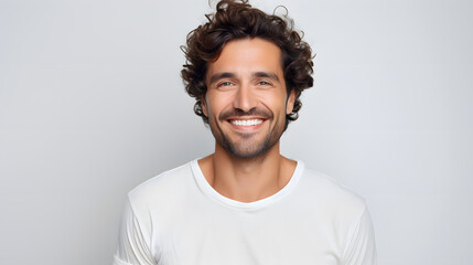 Portrait of authentic happy man without makeup, smiling at camera, standing cute against white background