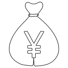 Money bag continuous one line drawing. Chinese currency sign. Vector illustration isolated on white.