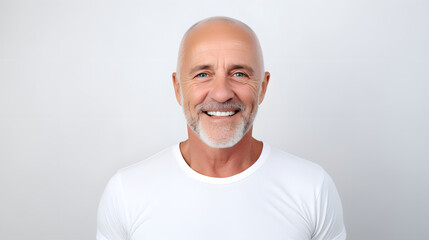 Portrait of authentic happy man without makeup, smiling at camera, standing cute against white background - obrazy, fototapety, plakaty