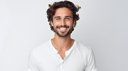 Obraz premium Portrait of authentic happy man without makeup, smiling at camera, standing cute against white background