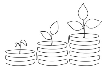Growing coins stack with leaves continuous line drawing. Business investing concept. Vector illustration isolated on white.