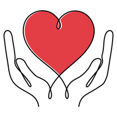 Continuous one line drawing hands holding red heart. Charity donation linear concept. Vector illustration isolated on white.