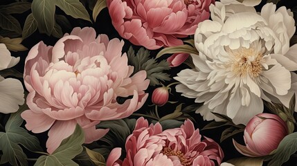  a close up of a bunch of flowers on a black background with green leaves and pink and white peonies.  generative ai