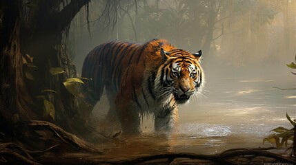 A Sumatran tiger prowling through a misty, mystical mangrove swamp, shrouded in atmospheric fog. - obrazy, fototapety, plakaty