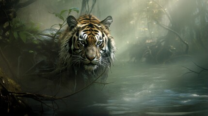 A Sumatran tiger prowling through a misty, mystical mangrove swamp, shrouded in atmospheric fog.