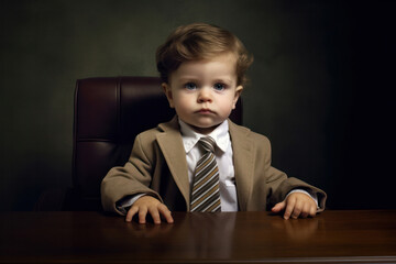  Little Executive in Thoughtful Pose. A toddler dressed in a suit sits at a large desk, exuding a humorous take on professionalism