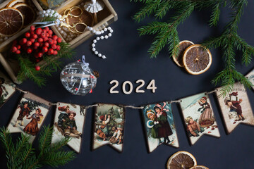Fototapeta na wymiar New Year's vintage still life. Postcard for 2024 in vintage style.