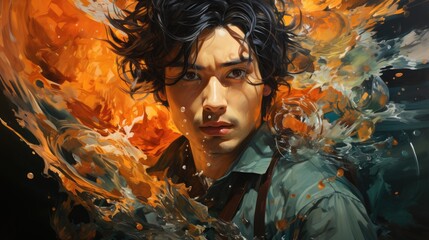  a painting of a young man with black hair and a green shirt is surrounded by orange and black smoke and water.  generative ai