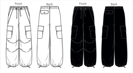 Vector woman fleece jogger technical drawing, utility style pants with waistband and side pockets detail fashion CAD, template, sketch, flat. Woman cargo trousers with front, back view, white color - obrazy, fototapety, plakaty