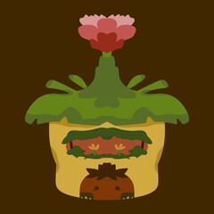 illustration of a fairy house made from bucket, leaf and blooming flower