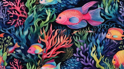  a painting of colorful fish and corals on a dark blue background with red, yellow, and green algaes.  generative ai