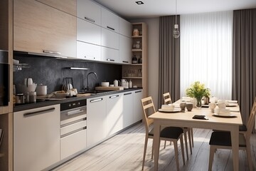 Luxurious interior design of white kitchen. Generative AI.