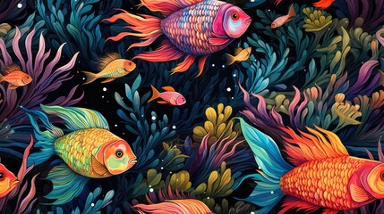 Fototapeta premium a painting of a group of colorful fish swimming in a sea of plants and algaes on a black background. generative ai