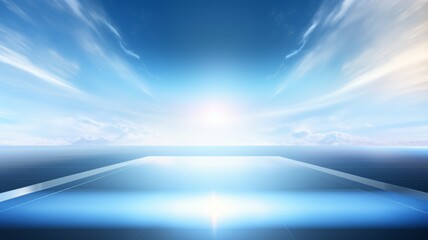 A bright empty background, with blue and teal abstract horizon line forms comming towards camera, an empty bright scene, neon lights, spotlights, fog