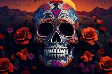 Day of Dead Mexico Celebration Illustration Noche de los Muertos: Mexican Skull with Flowers under the Full Moon Landscape