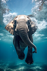 An elephant is swimming underwater on the ocean's surface.