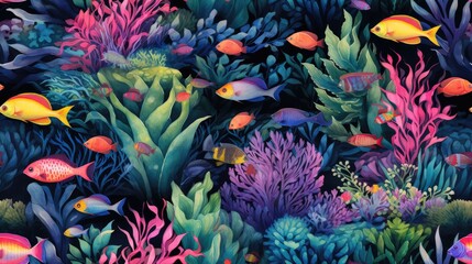  a painting of a colorful underwater scene with corals, fish, and sponges of coral on a black background.  generative ai
