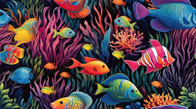  a painting of a group of fish swimming in a sea with corals and sponges on the bottom of the picture.  generative ai