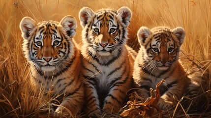 A trio of tigers, including a mother and her cubs, resting in the tall grasses of an African savannah.