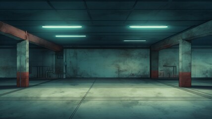 empty parking garage background with dappled light streaking across the floor and walls, muted cyan and red tones, cyc, empty, fog, smoke, abstract - obrazy, fototapety, plakaty