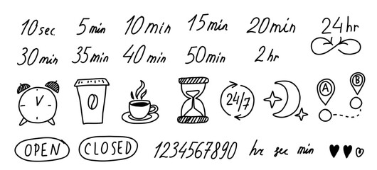 Time period handwritten labels. Break drawn black line vector icons.