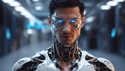 Futuristic male cyborg concept with laser eyes - obrazy, fototapety, plakaty
