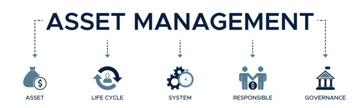 Asset management banner web icon vector illustration concept with icon of asset, life cycle, system, responsible and governance