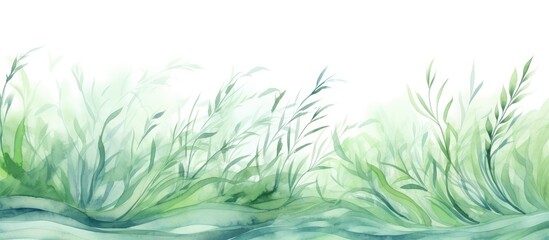 The hand painted watercolor illustration captures the beauty of nature with an abstract design of grass and sea creating a background of green texture reminiscent of marble