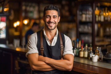Fototapeta na wymiar Portrait of a proud and happy bartender in a traditional pub, displaying professionalism and a welcoming atmosphere