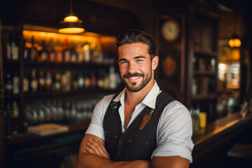 Fototapeta premium Portrait of a proud and happy bartender in a traditional pub, displaying professionalism and a welcoming atmosphere