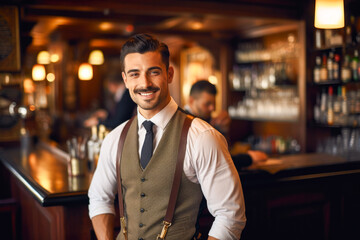 Fototapeta premium Portrait of a proud and happy bartender in a traditional pub, displaying professionalism and a welcoming atmosphere