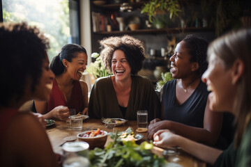 A diverse group of women sharing laughter and stories at a "Sisterhood" gathering, celebrating friendship and connection, creativity with copy space