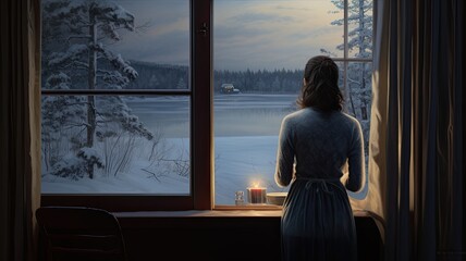 a woman gazing out of a window at a snow-covered outdoor scene, the coziness of an indoor space and...