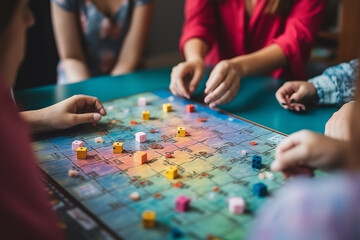 Friends playing a board game, showcasing fun and togetherness, creativity with copy space