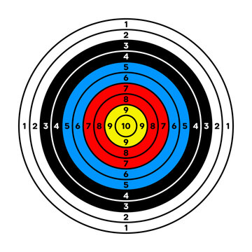 Shooting range paper target with divisions, marks and numbers. Archery, gun shooting practise and training, sport competition and hunting. Bullseye and aim. Vector illustration