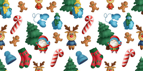 Seamless pattern with Christmas elements. Santa, gingerbread, deer, hat, mittens, snowman, candy, christmas tree, socks on a whrite background.